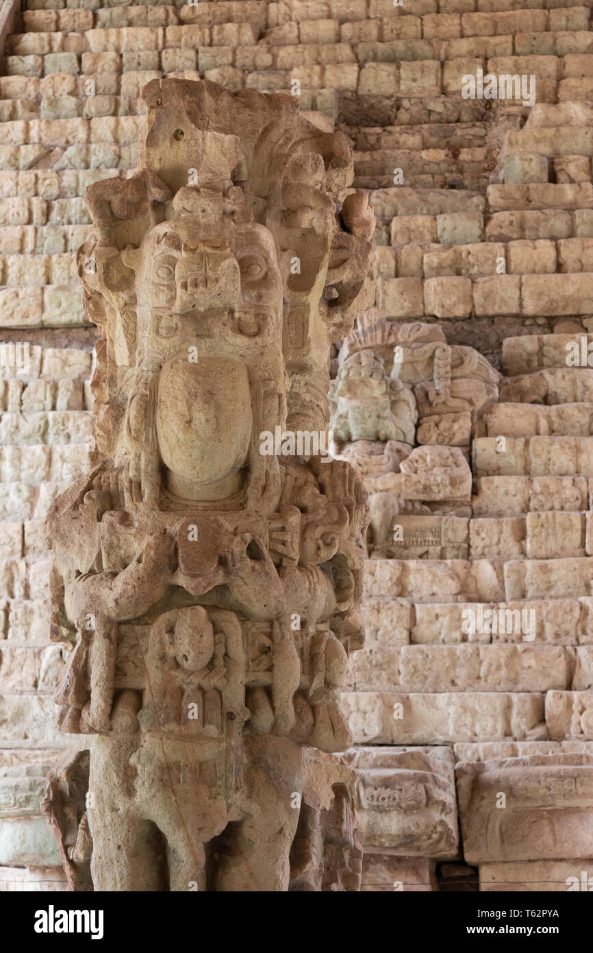 Copan Honduras - pietra permanente M, o Stela M, ai piedi della scala geroglifica, Copan rovine maya sito UNESCO, Honduras, America Centrale Foto Stock