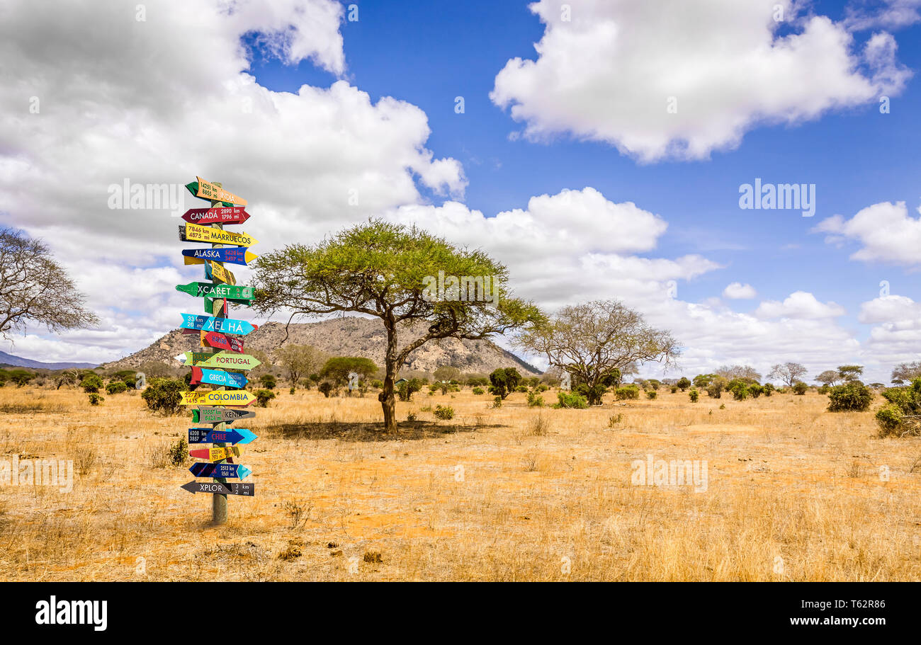 Divertente mondo diverse direzioni con orientamento di distanza da molti paesi diversi Foto Stock