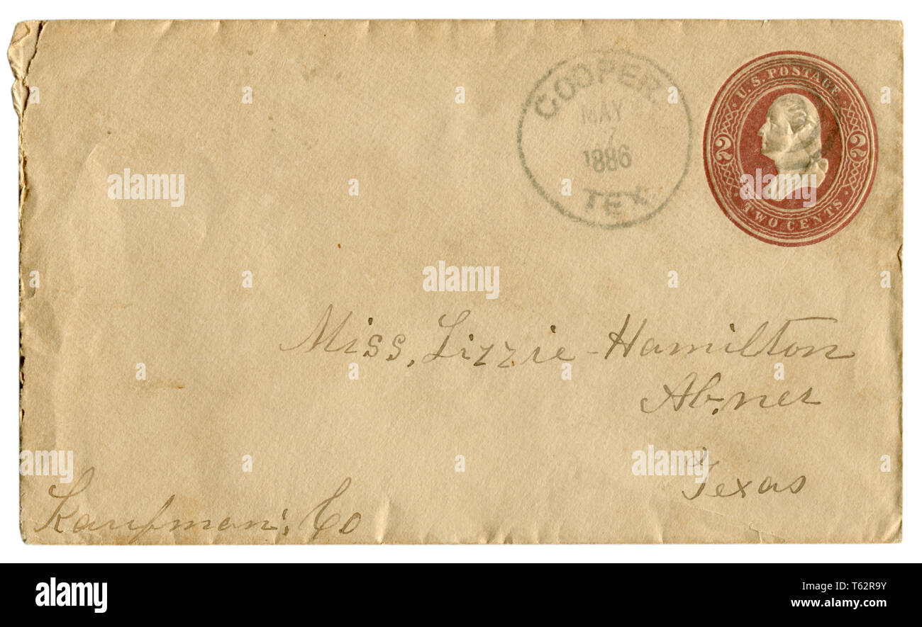 Noi busta storico: coperchio marrone con impresso in rilievo il timbro, due centesimi George Washington profilo, fantasia, Annulla cancellazione postale, 1886 Foto Stock