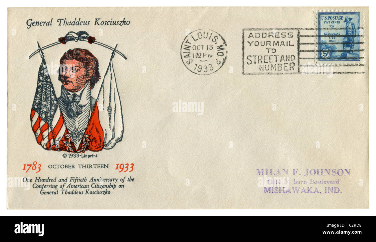 Noi busta storico: il coperchio con un cachet General Thaddeus Kosciuszko, francobollo, statua dell'eroe 1783-1933, cinque centesimi, cancellazione, 1933 Foto Stock