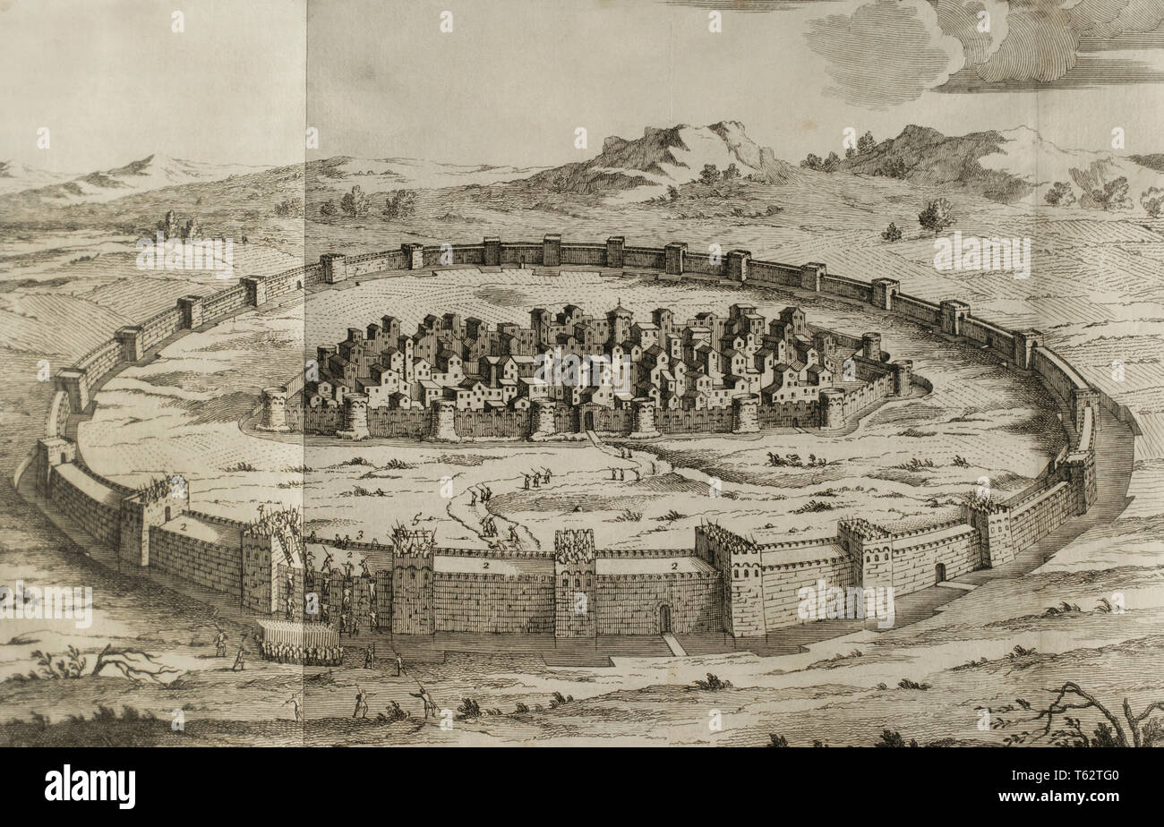 La storia da Polibio. Volume II. Edizione francese tradotto dal greco da Dom Vincent Thuillier. Osservazioni della scienza militare arricchito con critica e note storiche da M. De Folard. Parigi, Chez Pierre Gandouin, Julien-Michel Gandouin, Pierre-Francois Giffart e Nicolas-Pierre Armand, 1727. La stampa da Jean-Baptiste Lamesle. Blocco costruito da due linee di superficie in muratura. Incisione. Foto Stock