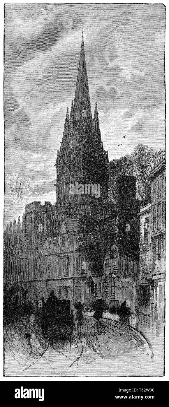 1891 l'incisione dell'università chiesa di Santa Maria Vergine nella strada alta della città di Oxford, Oxfordshire, Inghilterra. Foto Stock