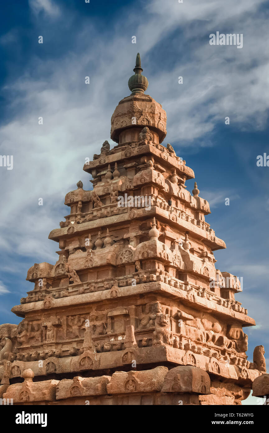 Famoso santuario indù Shore temple, Wonder World e il patrimonio antico sito in Mahabalipuram, Tamil Nadu grande architettura religiosa. India Foto Stock