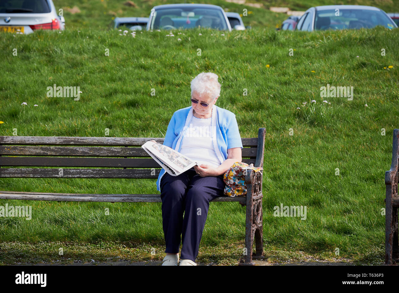 Titolare di pensione o di rendita seduta su una panchina e la lettura di un quotidiano Irvine Beach -Gailes Beach-North Ayrshire, in Scozia Foto Stock