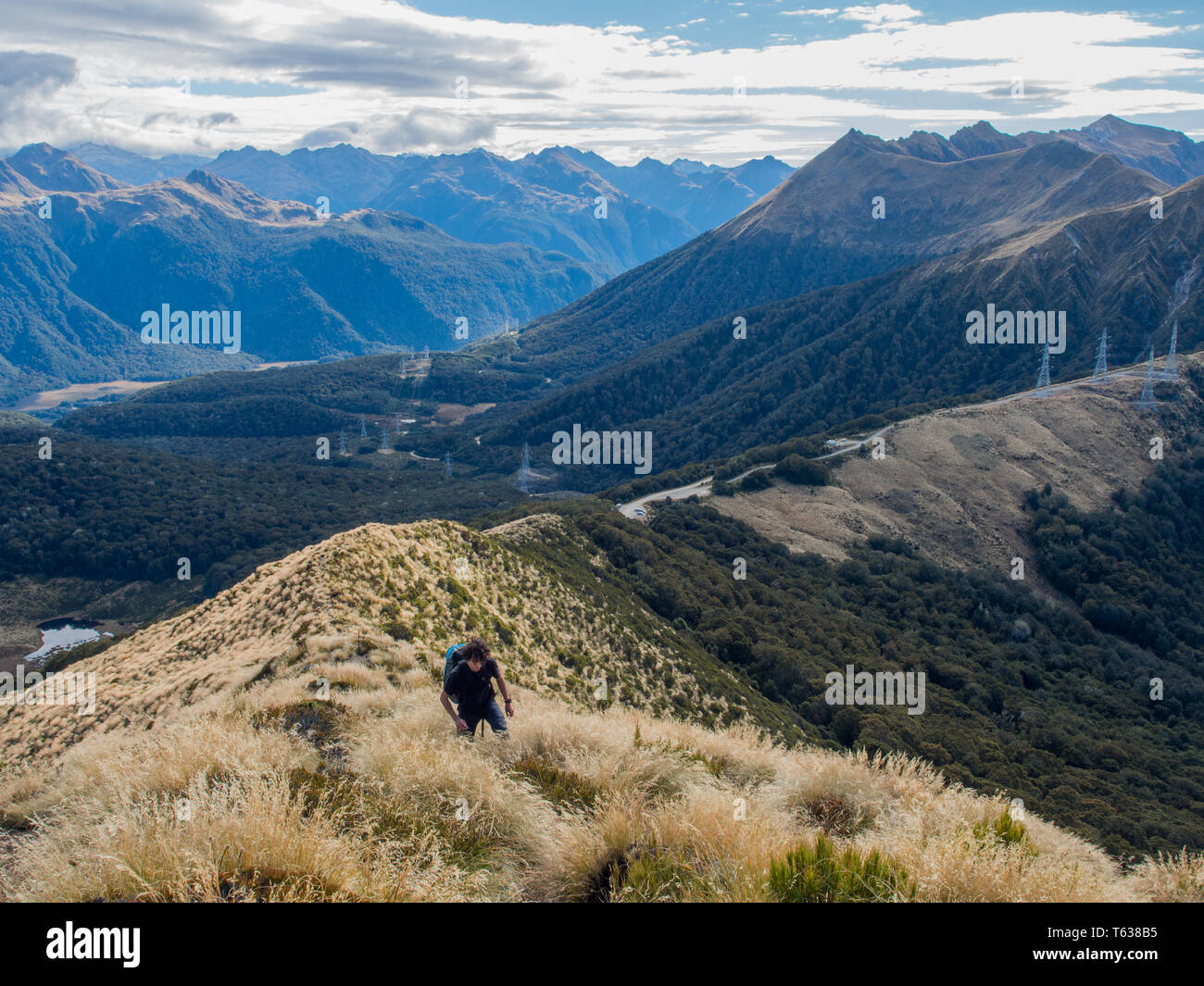 L'uomo trekking fino ridge, tralicci elettrici in distanza, Mt ustioni via, Borland Road, Parco Nazionale di Fiordland, Southland, Nuova Zelanda Foto Stock