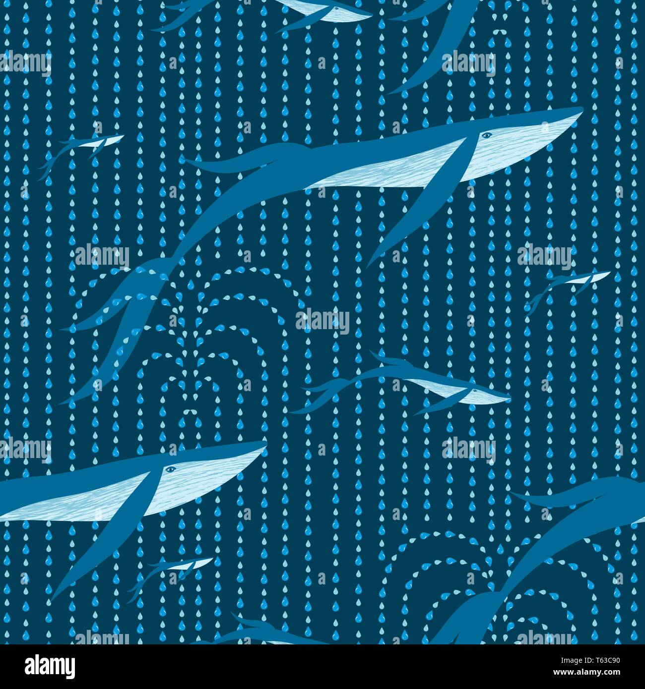 Balene volare nel cielo, fare delle fontane che si trasformano in pioggia. Fantastico illustrazione infantile. Modello senza giunture. Per fabric, imballaggio, sfondo Illustrazione Vettoriale