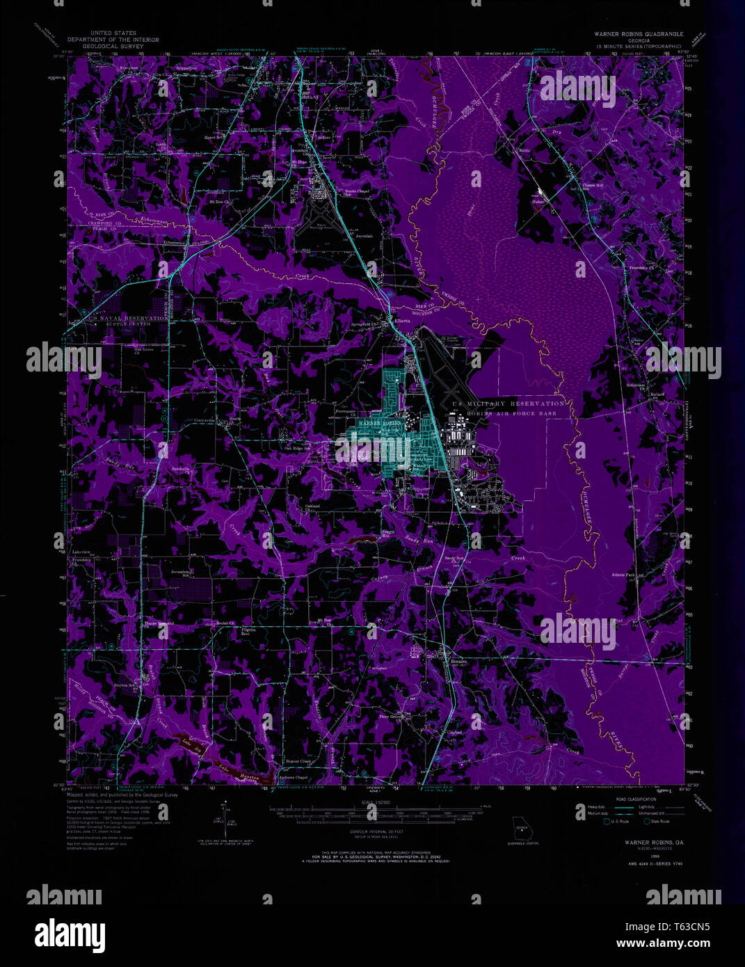 USGS TOPO Map Georgia GA Warner Robins 247608 1956 62500 Restauro invertito Foto Stock