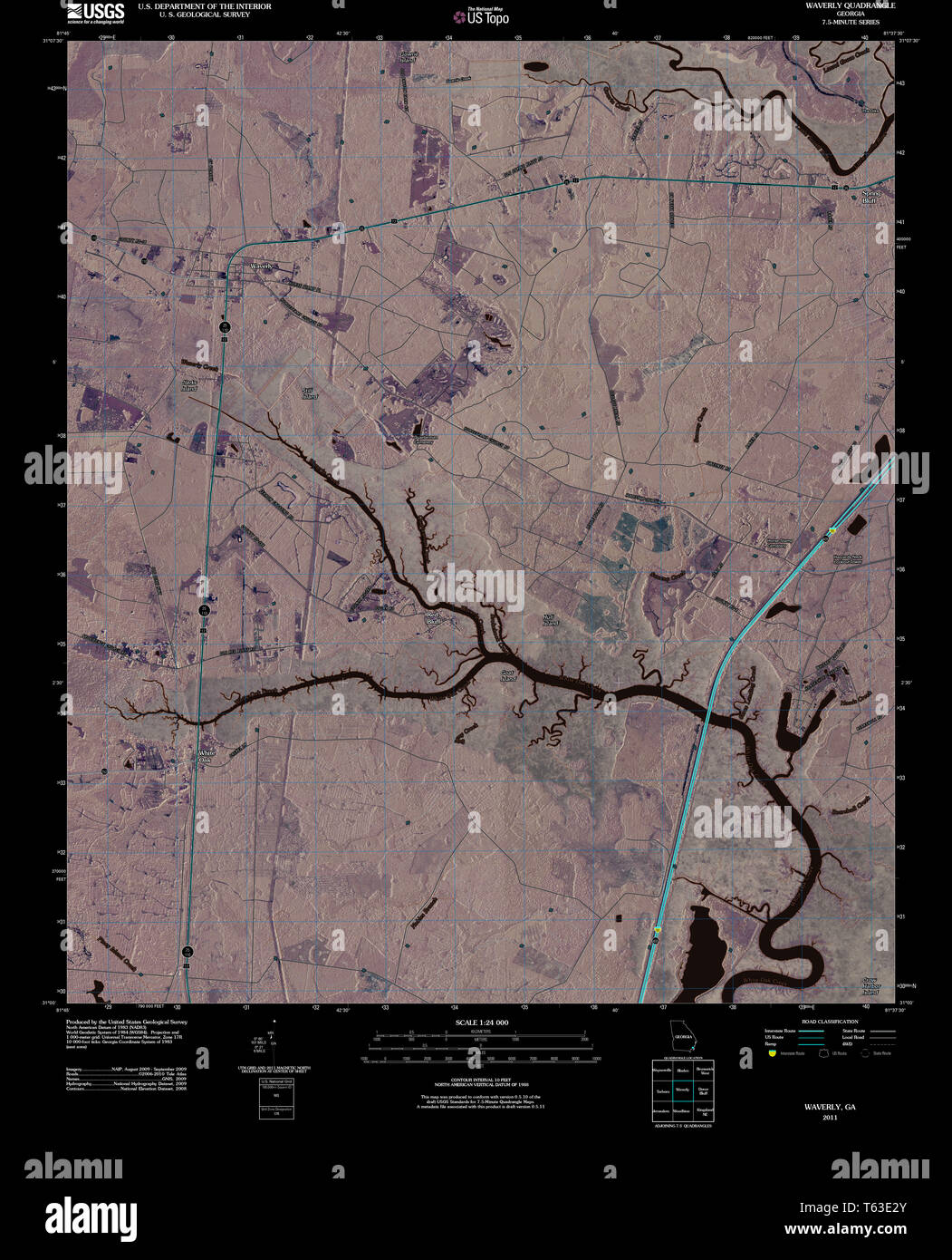 USGS TOPO Map Georgia GA Waverly 20110322 TM restauro invertito Foto Stock