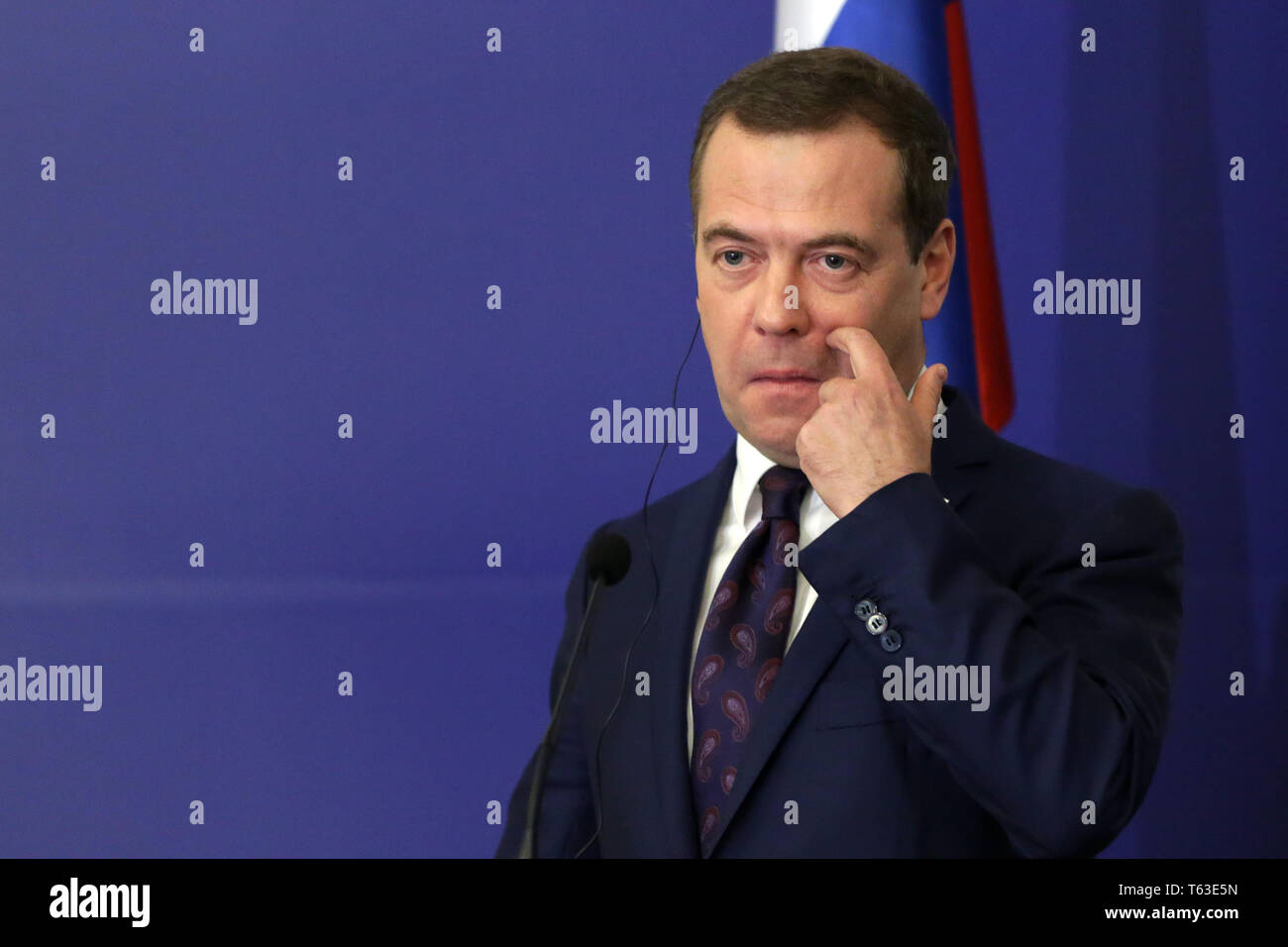 Sofia, Bulgaria - 4 Marzo, 2019: Primo Ministro russo Dmitry Medvedev assiste ad una conferenza stampa dopo un incontro con il suo omologo bulgaro. Foto Stock