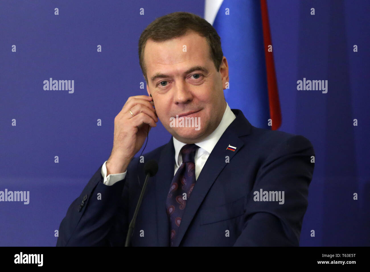 Sofia, Bulgaria - 4 Marzo, 2019: Primo Ministro russo Dmitry Medvedev assiste ad una conferenza stampa dopo un incontro con il suo omologo bulgaro. Foto Stock