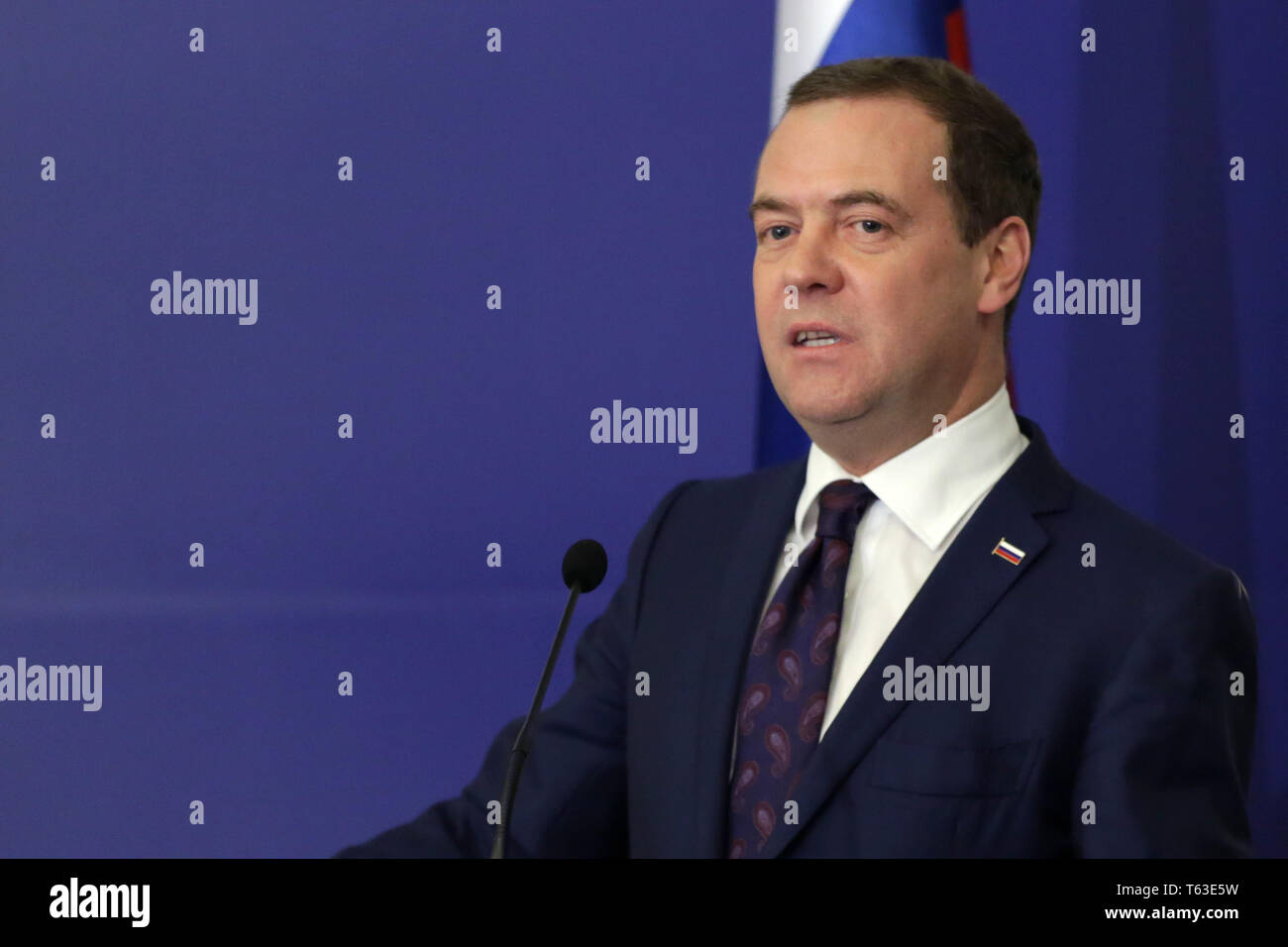 Sofia, Bulgaria - 4 Marzo, 2019: Primo Ministro russo Dmitry Medvedev assiste ad una conferenza stampa dopo un incontro con il suo omologo bulgaro. Foto Stock
