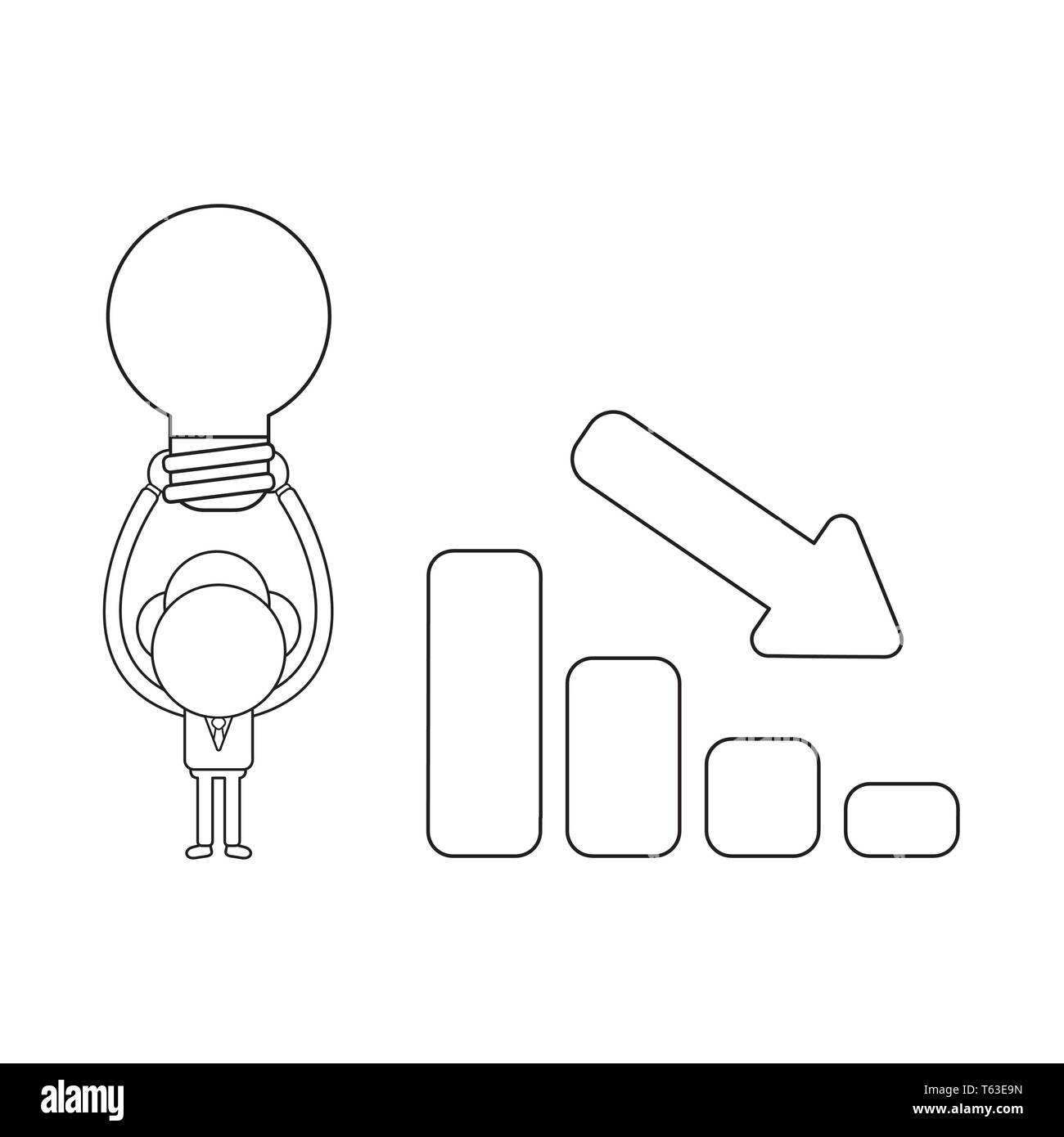 Illustrazione Vettoriale imprenditore carattere con le vendite il grafico a barre si sta spostando verso il basso e tenendo premuto fino lampadina. Contorno nero. Illustrazione Vettoriale