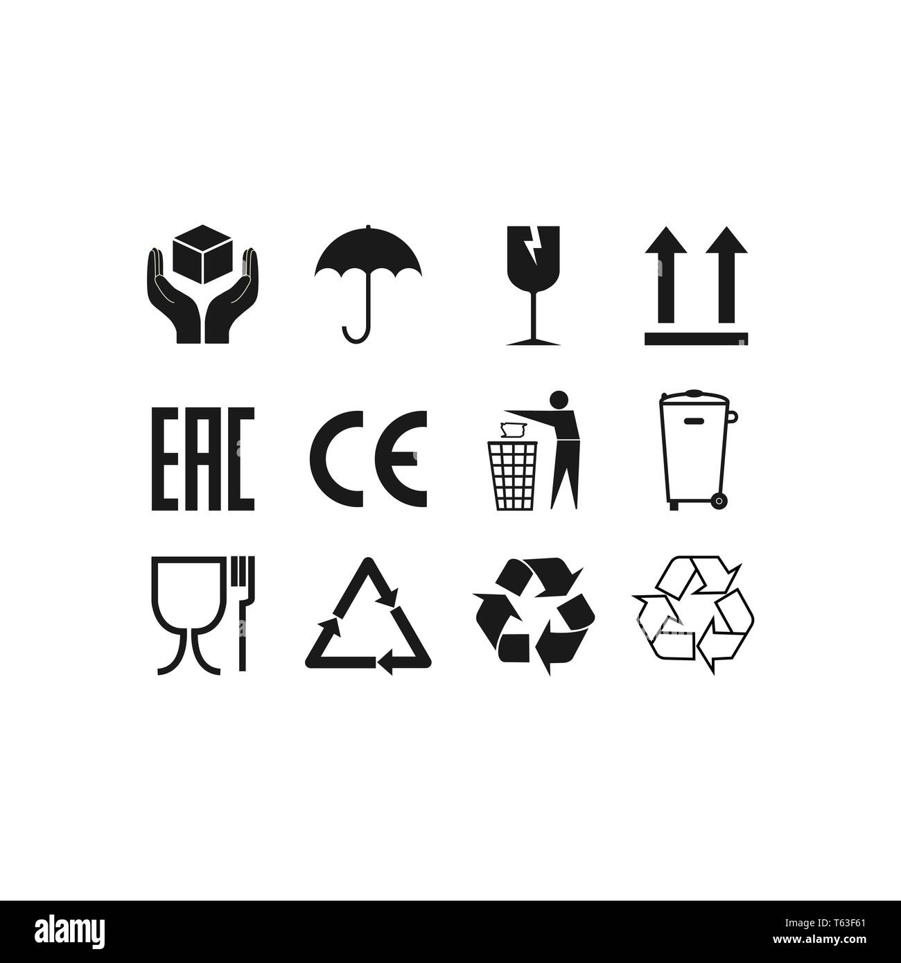 Illustrazione Vettoriale, design piatto. Icone di confezionamento, pacchetto set di segni Illustrazione Vettoriale