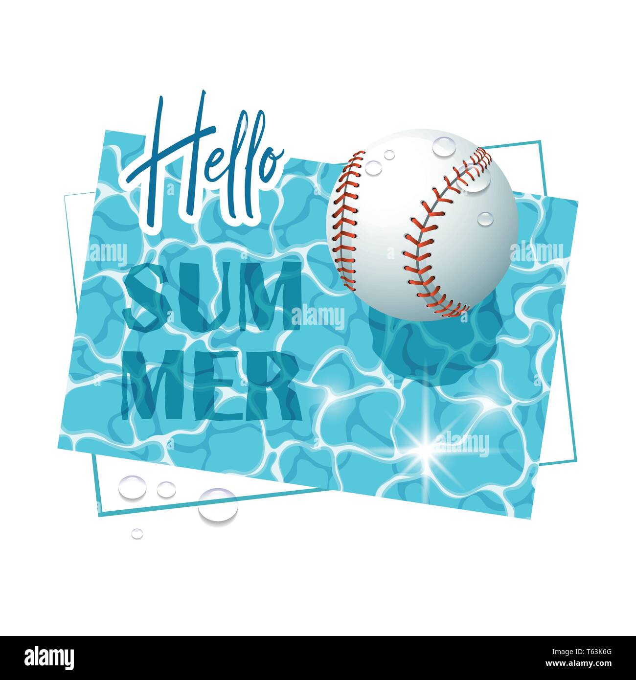 Ciao Estate. Solare di acqua superficiale con una palla da baseball e gocce d'acqua. Vista da sopra. Illustrazione Vettoriale. Illustrazione Vettoriale