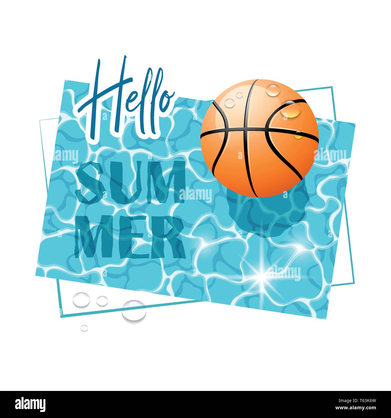Ciao Estate. Solare di acqua superficiale con una palla da basket e gocce d'acqua. Vista da sopra. Illustrazione Vettoriale. Illustrazione Vettoriale