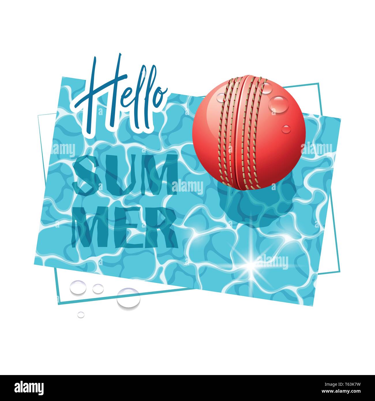 Ciao Estate. Solare di acqua superficiale con una palla da cricket e gocce d'acqua. Vista da sopra. Illustrazione Vettoriale. Illustrazione Vettoriale