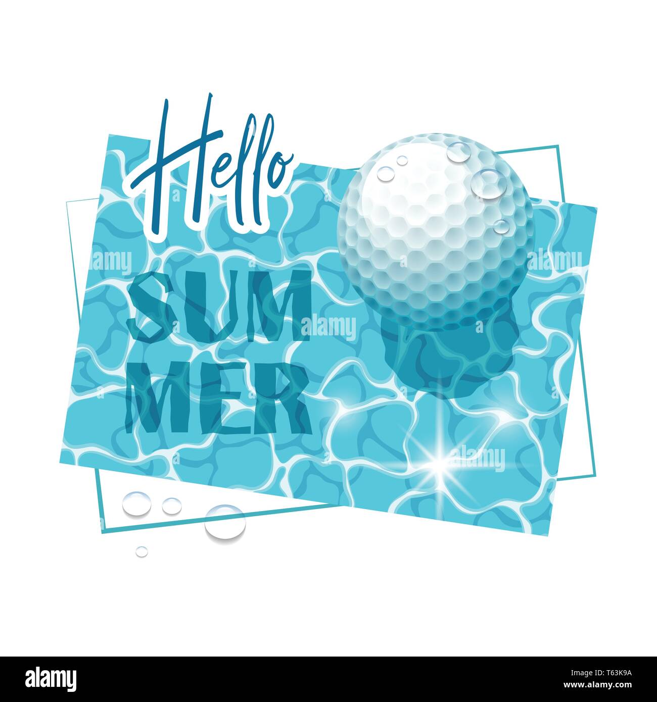 Ciao Estate. Solare di acqua superficiale con una palla da golf e gocce d'acqua. Vista da sopra. Illustrazione Vettoriale. Illustrazione Vettoriale