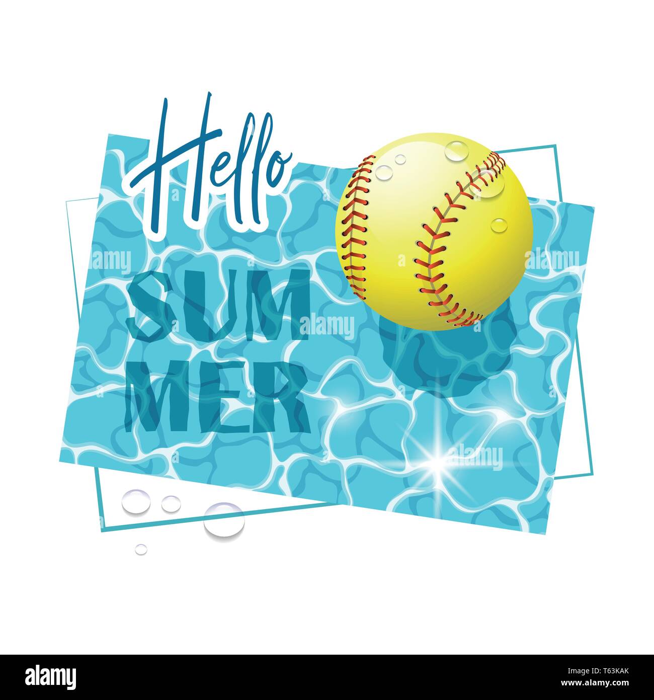 Ciao Estate. Solare di acqua con la superficie di una sfera di softball e gocce d'acqua. Vista da sopra. Illustrazione Vettoriale. Illustrazione Vettoriale