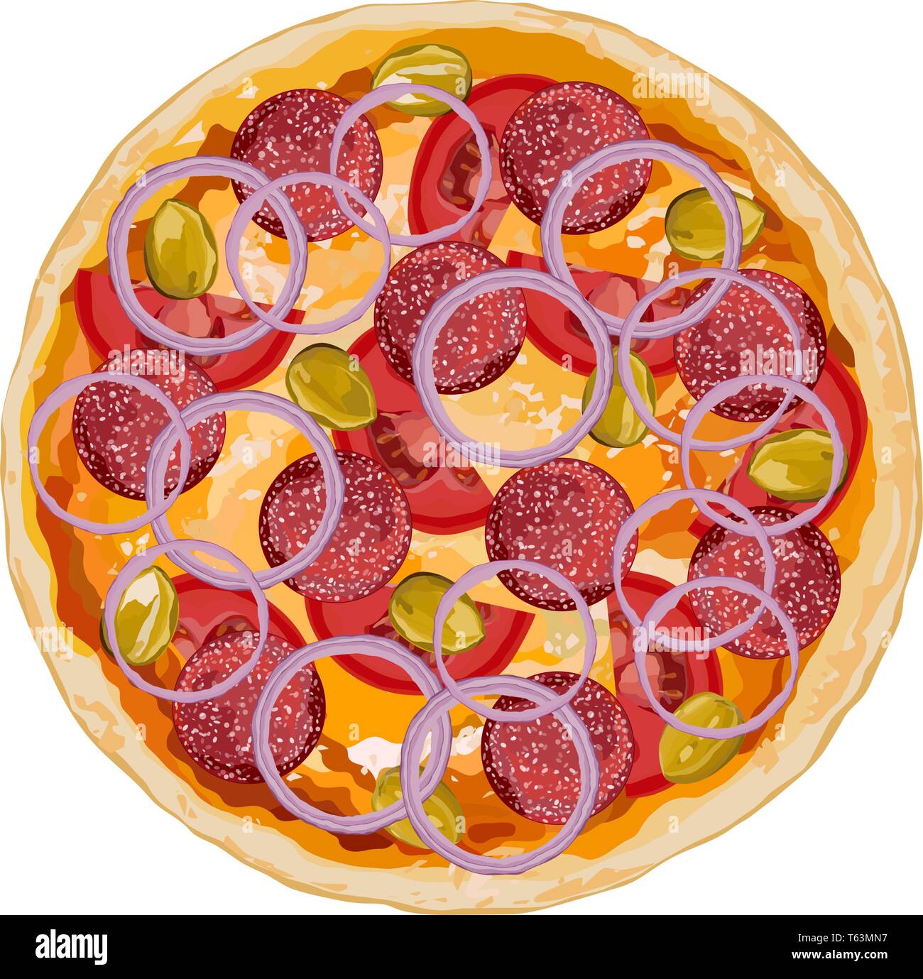 Italiano originale salsiccia per pizza pizza con pomodori e cipolla su sfondo bianco Illustrazione Vettoriale