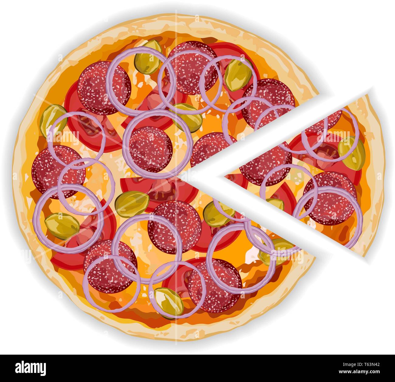 Italiano originale salsiccia per pizza pizza con pomodori e cipolla su sfondo bianco Illustrazione Vettoriale