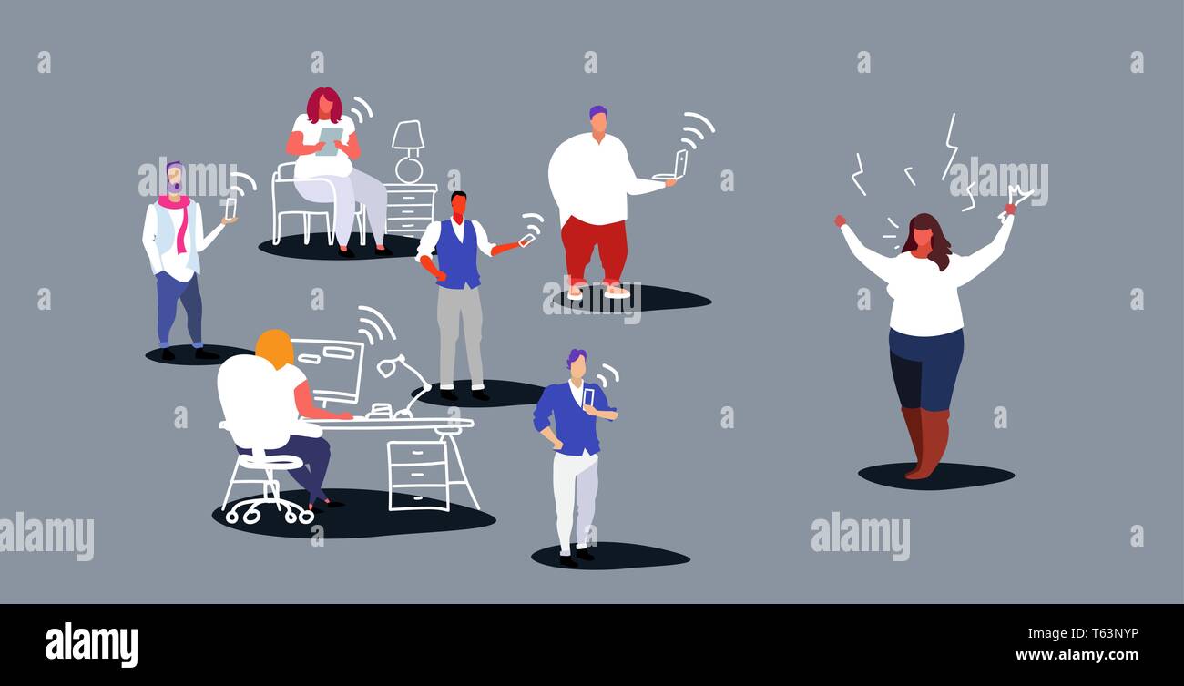 Insoddisfatto di donna grassa boss urlando sui dipendenti in seduta gadget pessimo lavoro concetto di datore di lavoro arrabbiato grida lavoratori schizzo in orizzontale Illustrazione Vettoriale