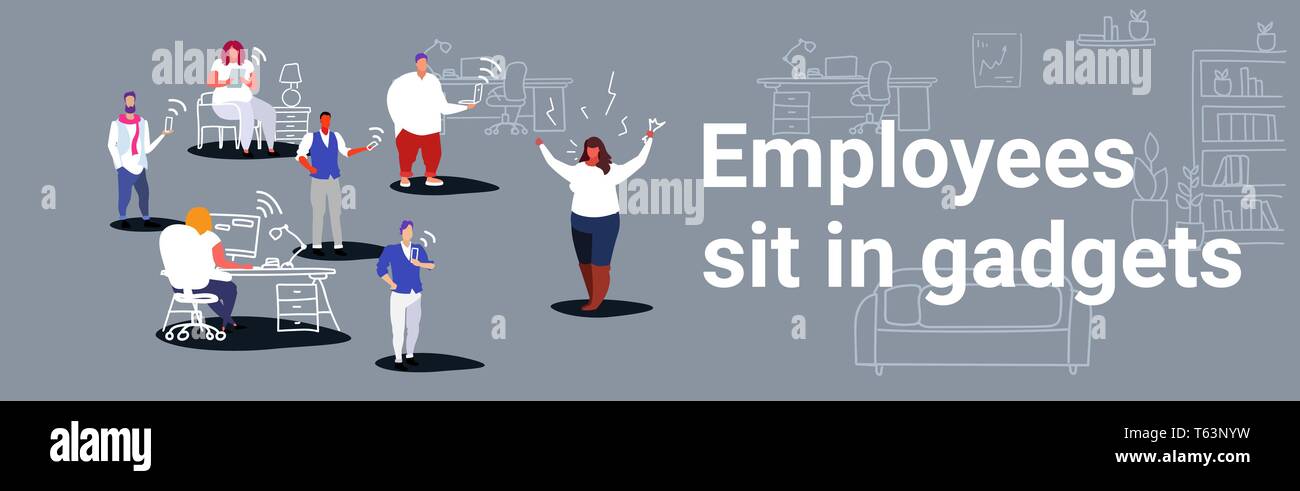 Insoddisfatto di donna grassa boss urlando sui dipendenti in seduta gadget pessimo lavoro concetto di datore di lavoro arrabbiato grida lavoratori moderno ufficio area di lavoro interno Illustrazione Vettoriale