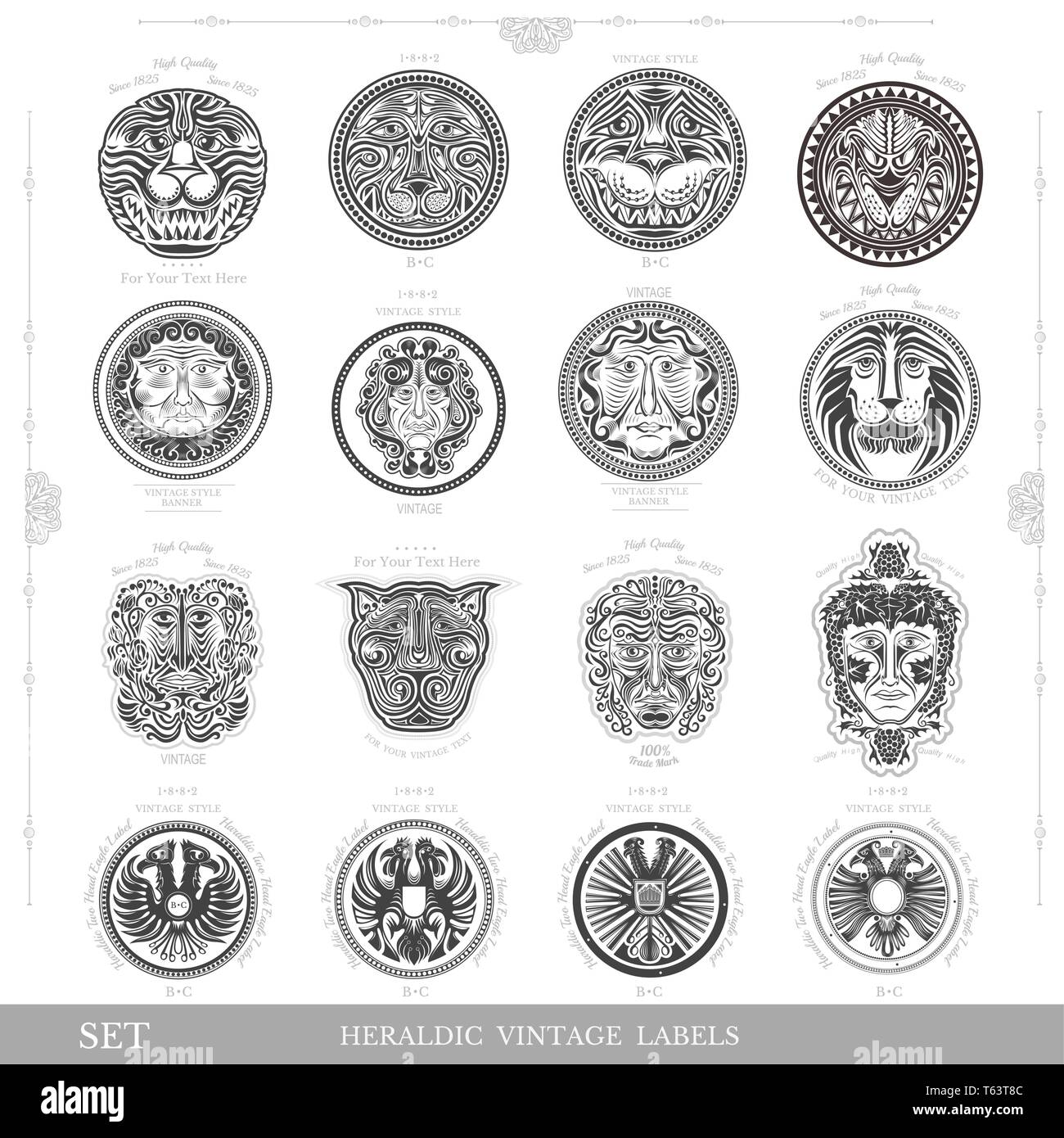 Set di colore vintage royal etichette con lion eagle e facce di uomo Illustrazione Vettoriale