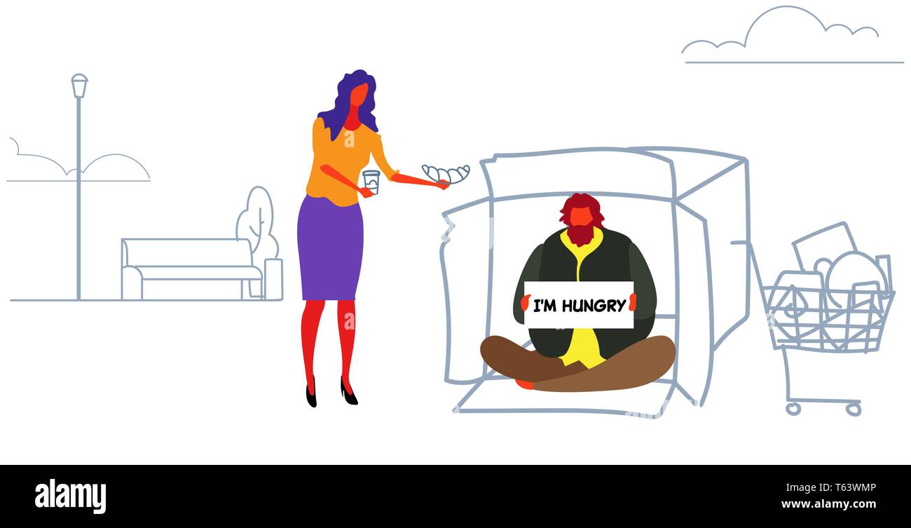Ragazza dando il cibo al povero uomo seduto in una scatola di cartone sulla strada mendicando per aiutare mendicante tenendo premuto segno bordo senzatetto concetto di alimentazione schizzo orizzontale Illustrazione Vettoriale