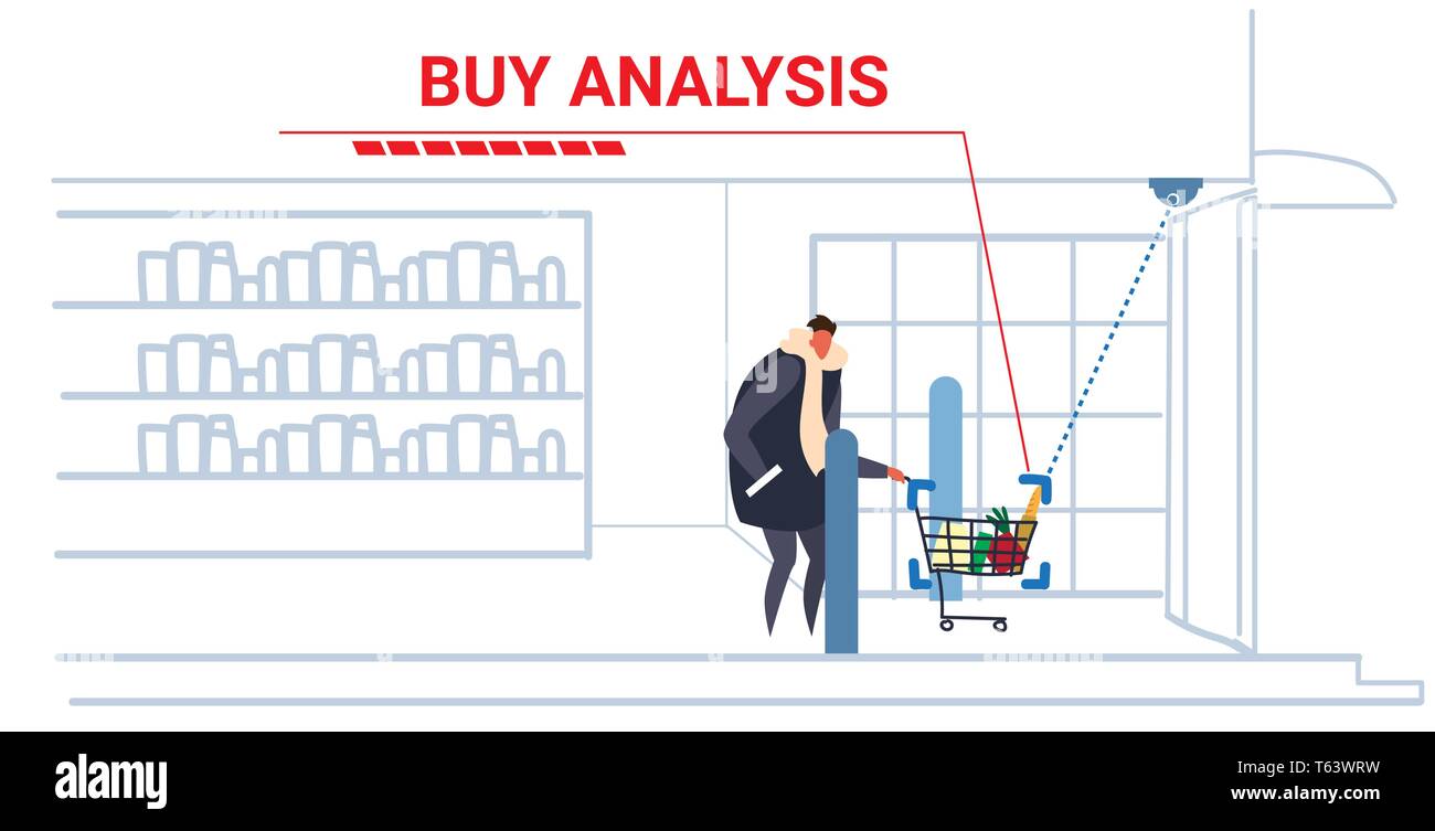 L'uomo spinge il cliente carrello carrello telecamera di sicurezza analizzando i generi alimentari di sorveglianza sistema TVCC comprare analisi concetto moderno negozio di alimentari interno Illustrazione Vettoriale