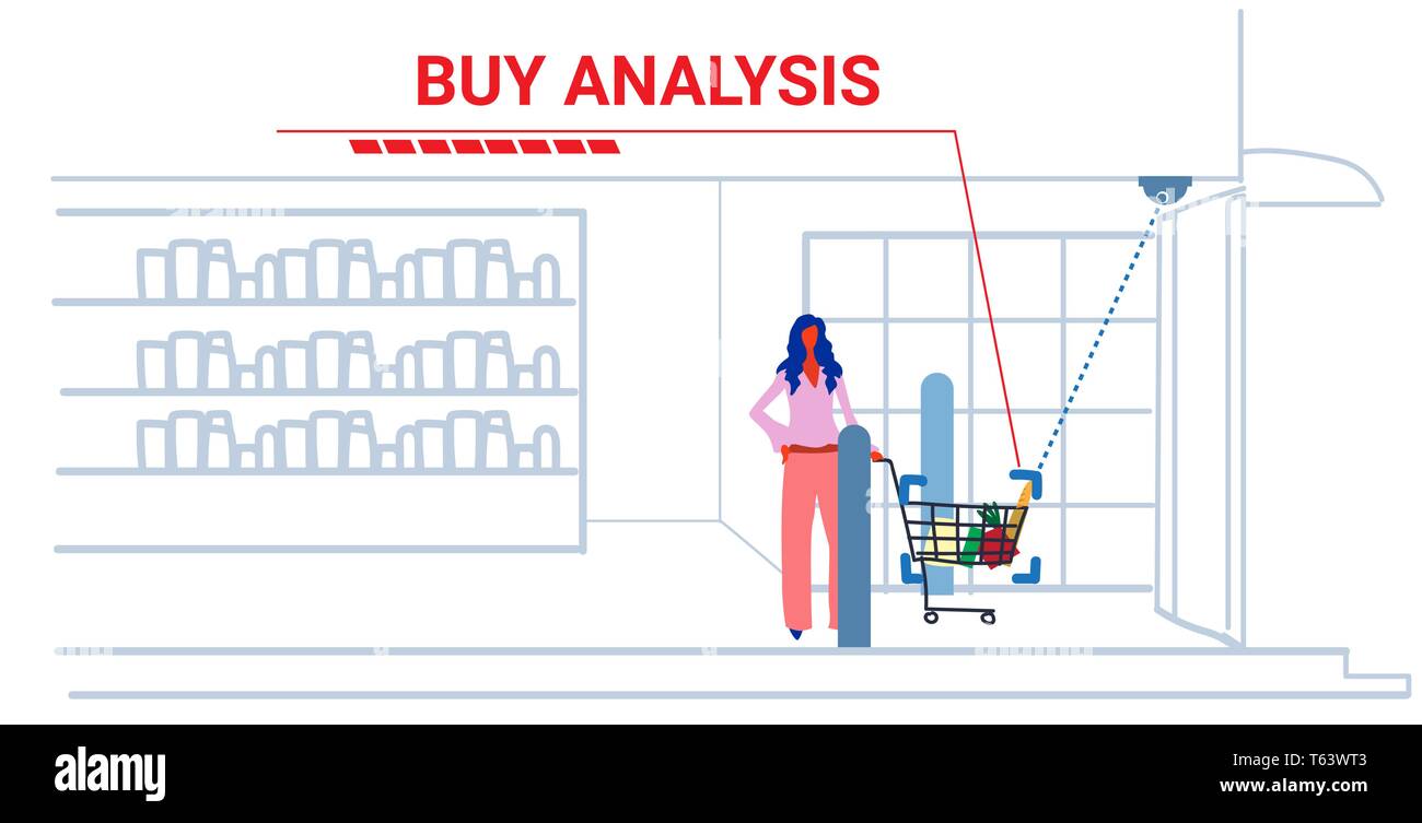Donna spingendo il cliente carrello carrello telecamera di sicurezza analizzando i generi alimentari di sorveglianza sistema TVCC comprare analisi moderno concetto fruttivendolo esterno Illustrazione Vettoriale