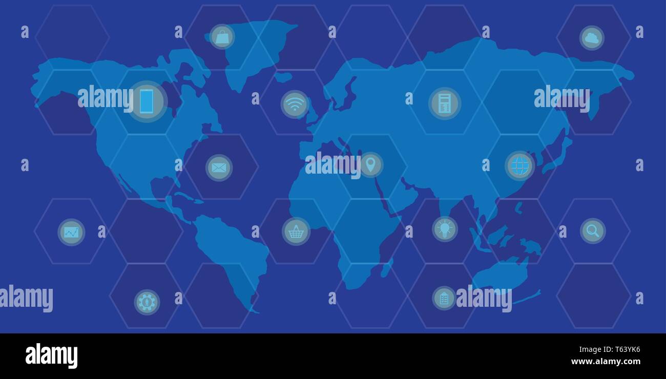 Mappa del mondo con il networking e tecnologia di simboli su sfondo blu Illustrazione Vettoriale