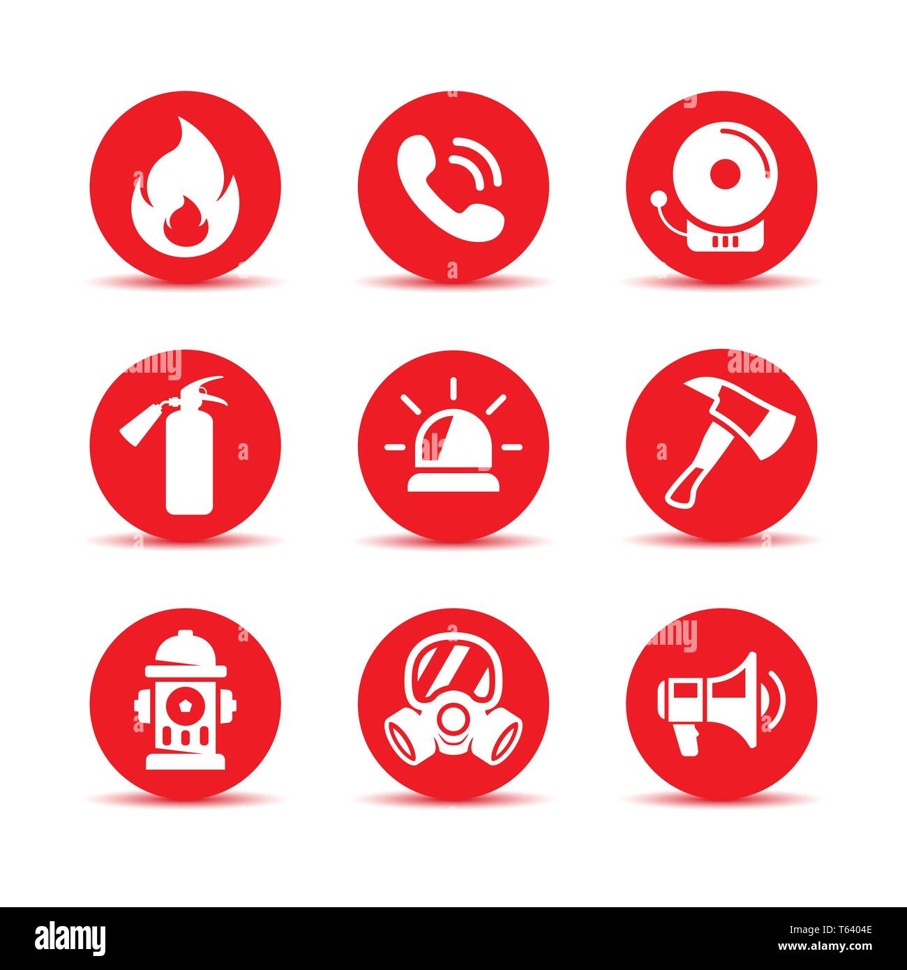 Sicurezza antincendio set di icone. Di emergenza in caso di incendio set di icone. Segni di vettore. Firefighter set di icone Illustrazione Vettoriale