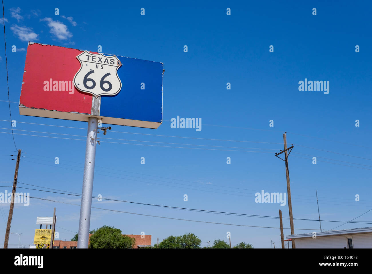 Storico statunitense Instradare il traffico 66 cartello in Texas, Stati Uniti d'America Foto Stock