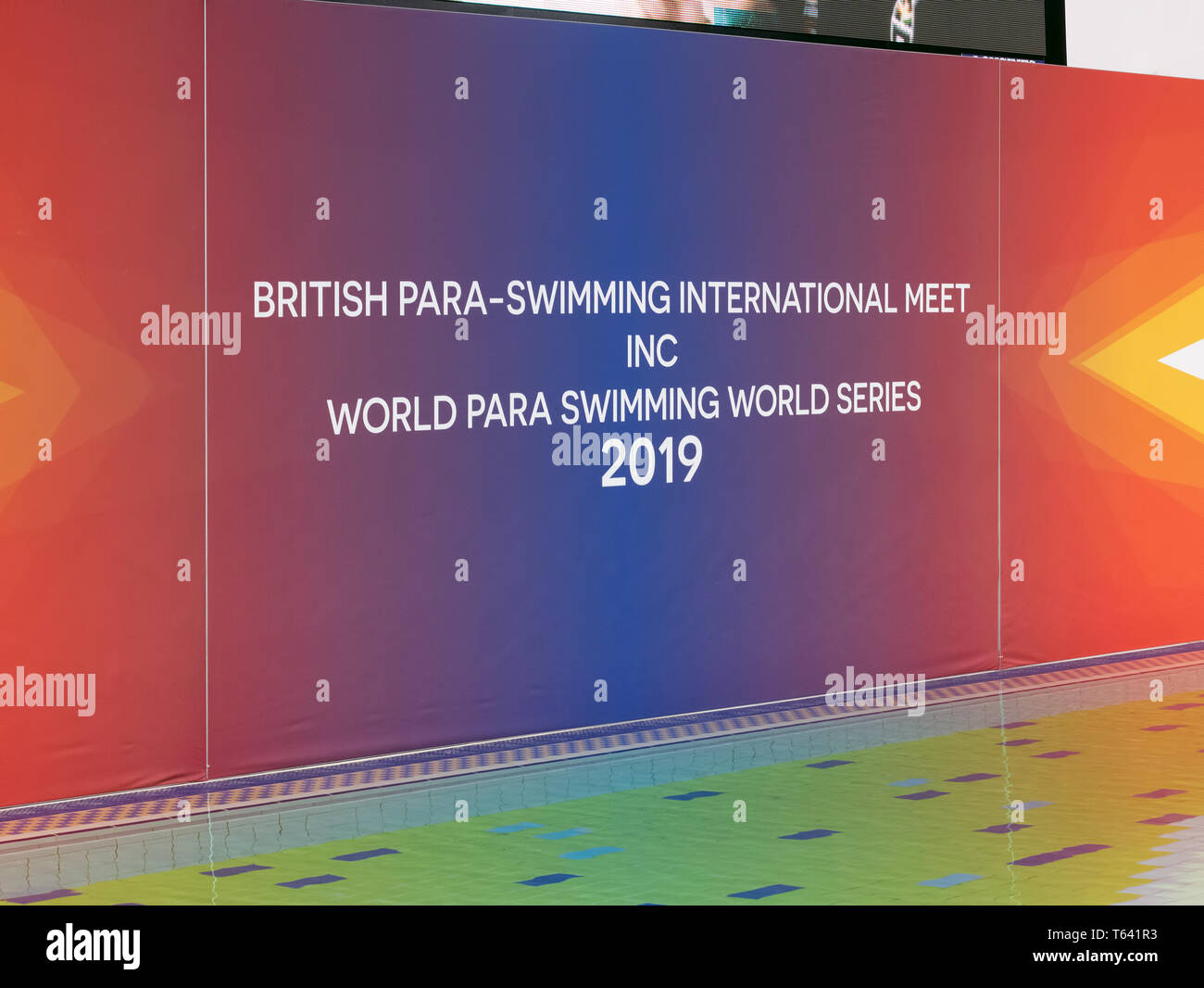Pool-segnaletica laterale. Il giorno 3 del 2019 British Para-Swimming incontro internazionale, a Tollcross International centro nuoto. Foto Stock