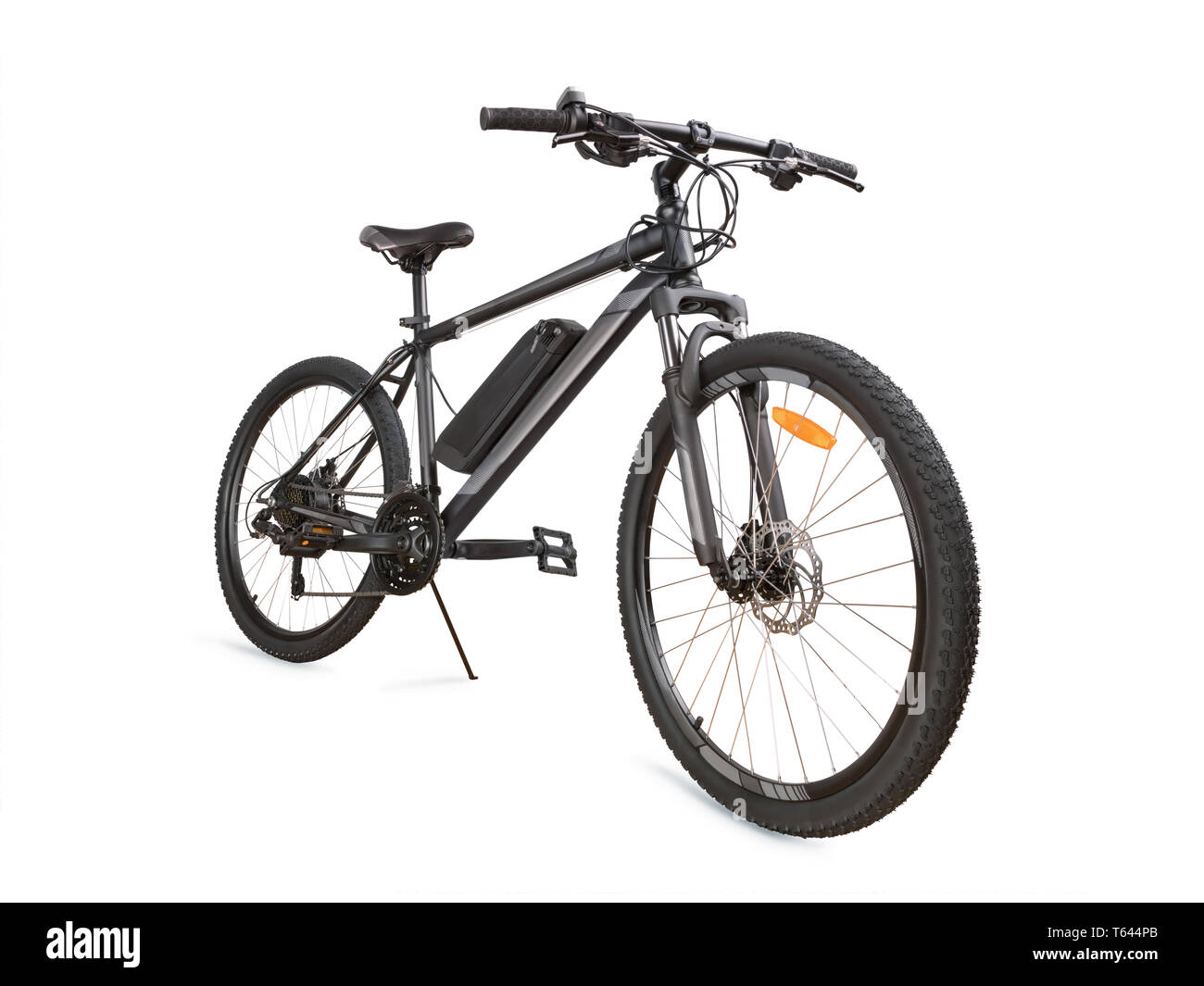 Grigio bicicletta elettrica angolo di visione. Isolato su bianco, percorso di clipping incluso Foto Stock
