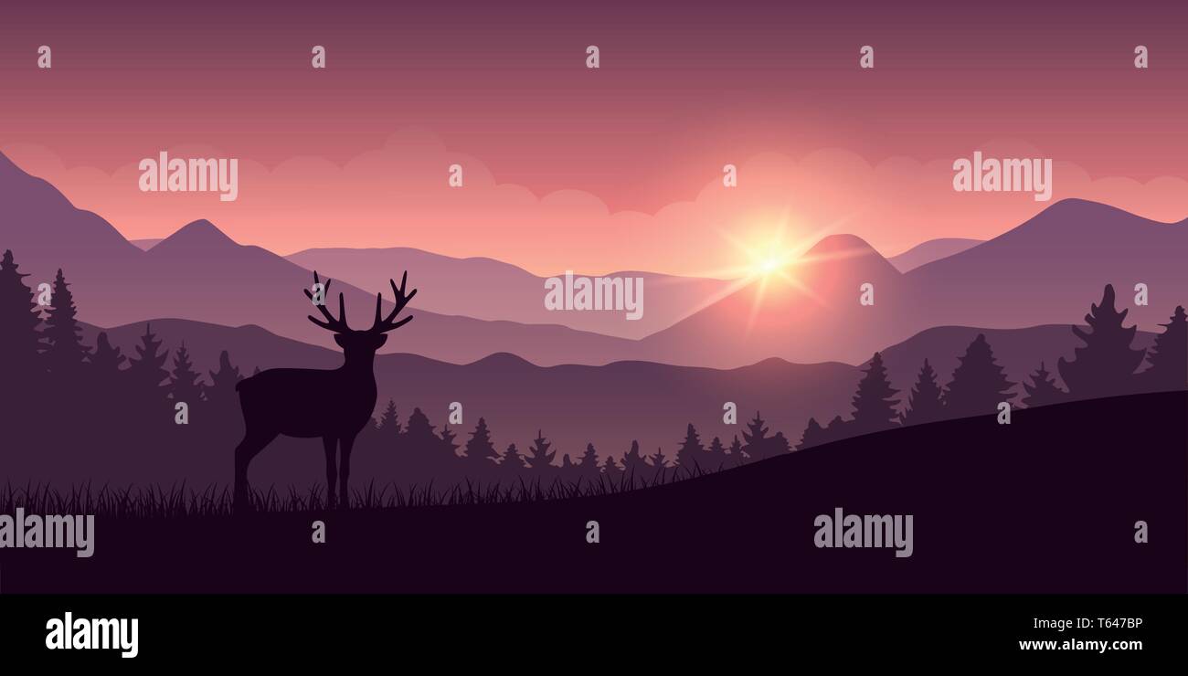 La renna in montagna con paesaggio forestale illustrazione vettoriale EPS10 Illustrazione Vettoriale