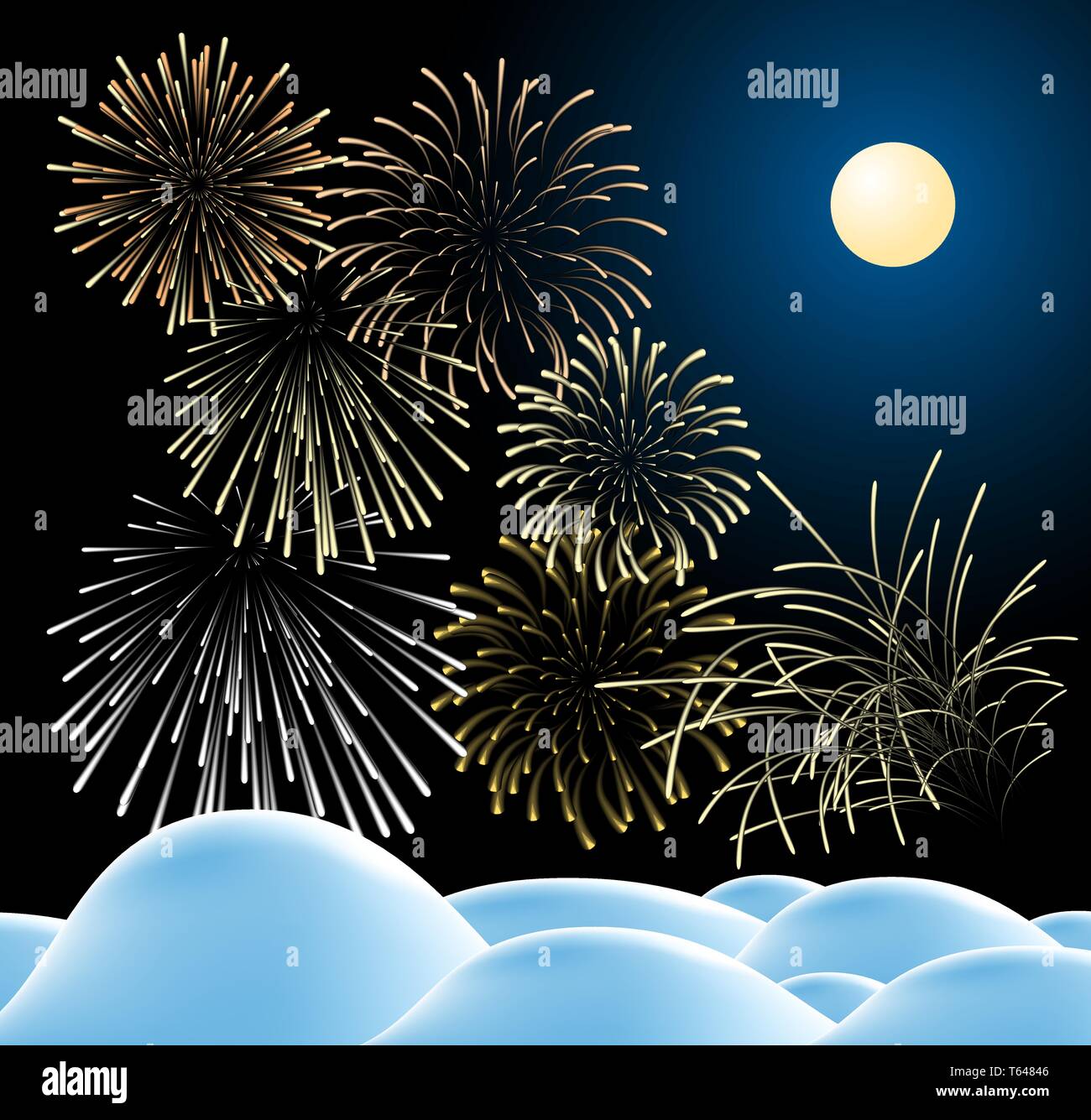 In inverno il paesaggio di natale nella notte con fuochi d'artificio (vector) Illustrazione Vettoriale