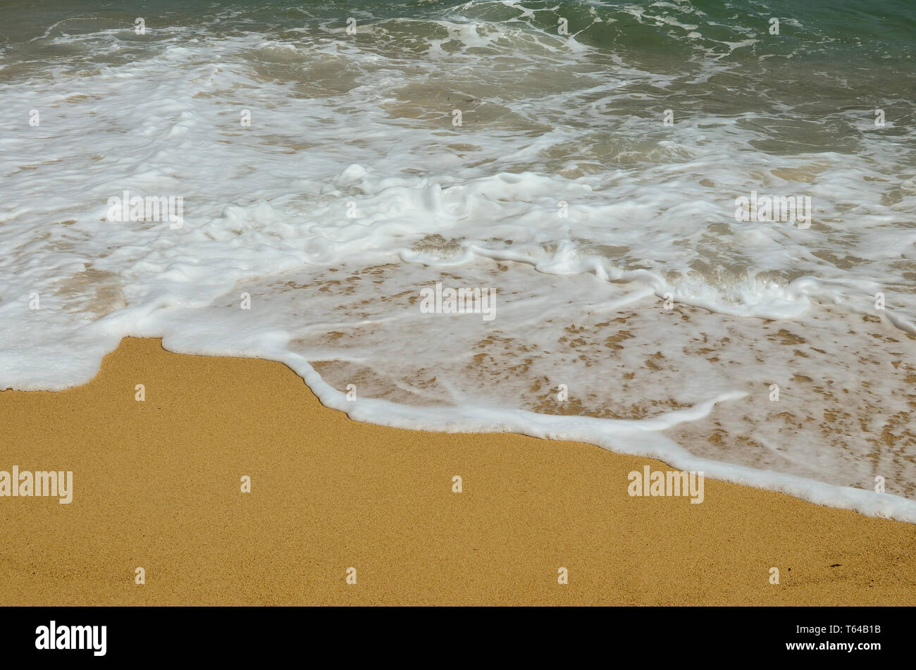 In estate il concetto di ricreazione, Paradise beach, giallo oro sabbia chiara e, acqua color smeraldo, le onde e la schiuma di mare, spazio di copia Foto Stock
