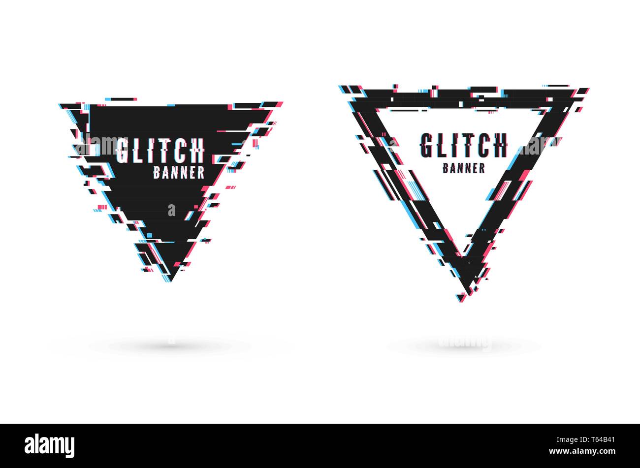 Banner geometrici con effetto di distorsione - glitch. Forma di triangolo telaio. La tecnologia digitale moderna poster e volantini modello. Illustrazione Vettoriale isola Illustrazione Vettoriale
