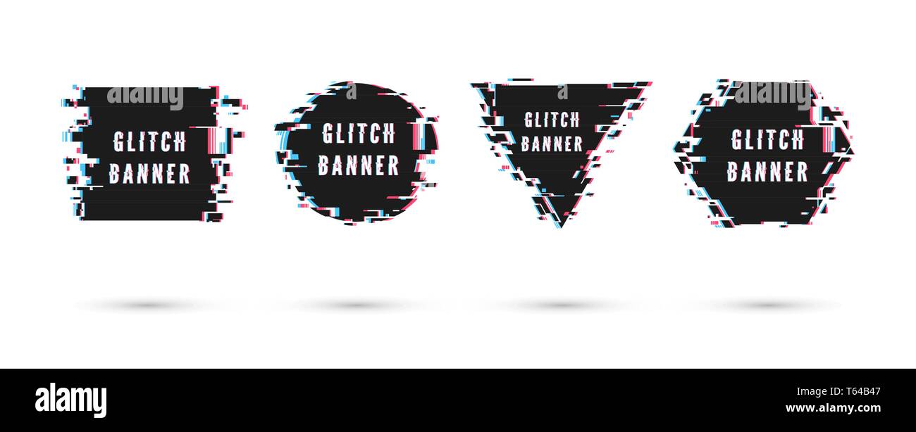Set di banner forme geometriche con effetto di glitch. Illustrazione di vettore isolato su sfondo bianco Illustrazione Vettoriale