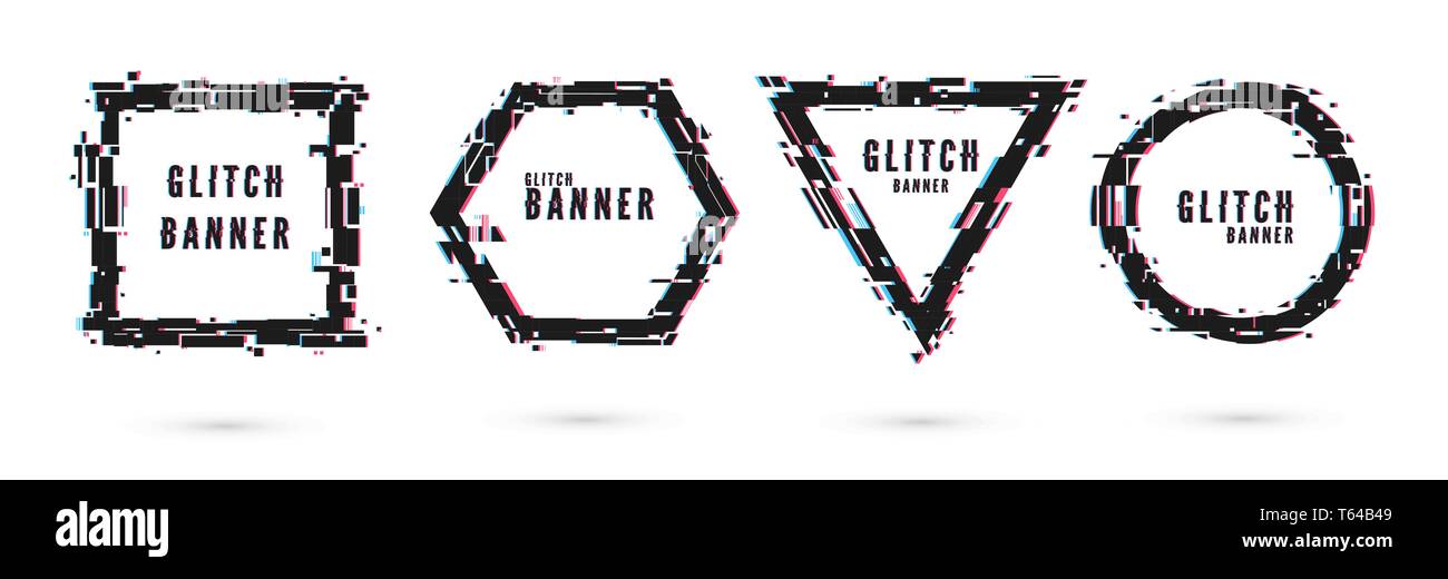 Set di banner forme geometriche con effetto di glitch. Distorsione del telaio. Illustrazione di vettore isolato su sfondo bianco Illustrazione Vettoriale