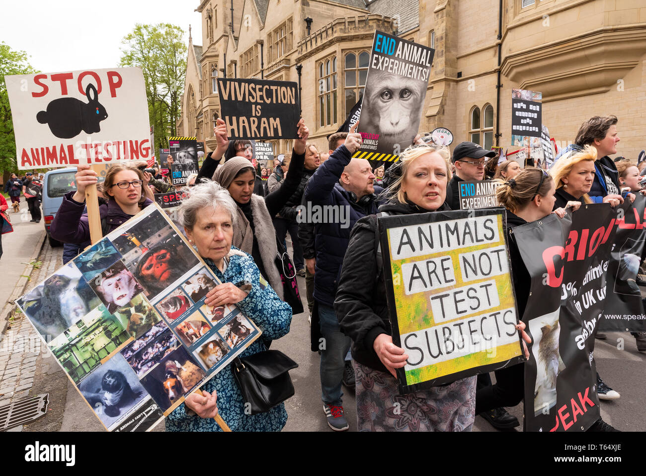 Giornata mondiale per gli animali nei laboratori di Oxford. Gli attivisti contro gli esperimenti sugli animali marzo attraverso il centro della città per evidenziare la loro campagna. Foto Stock