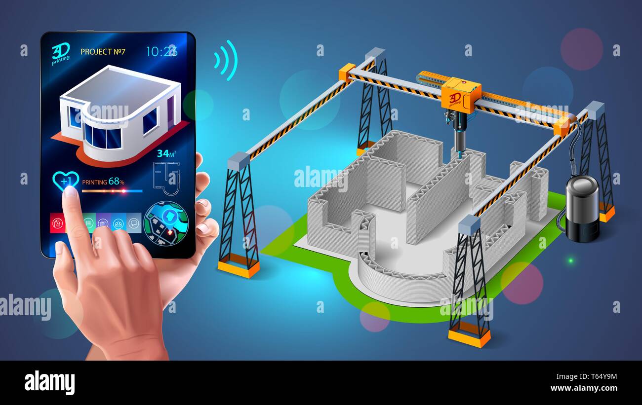 3d stampante stampa le pareti dell'edificio, casa con malta cementizia. Additivo di innovative tecnologie di costruzione sul sito in costruzione. Ingegnere monitor 3D Illustrazione Vettoriale