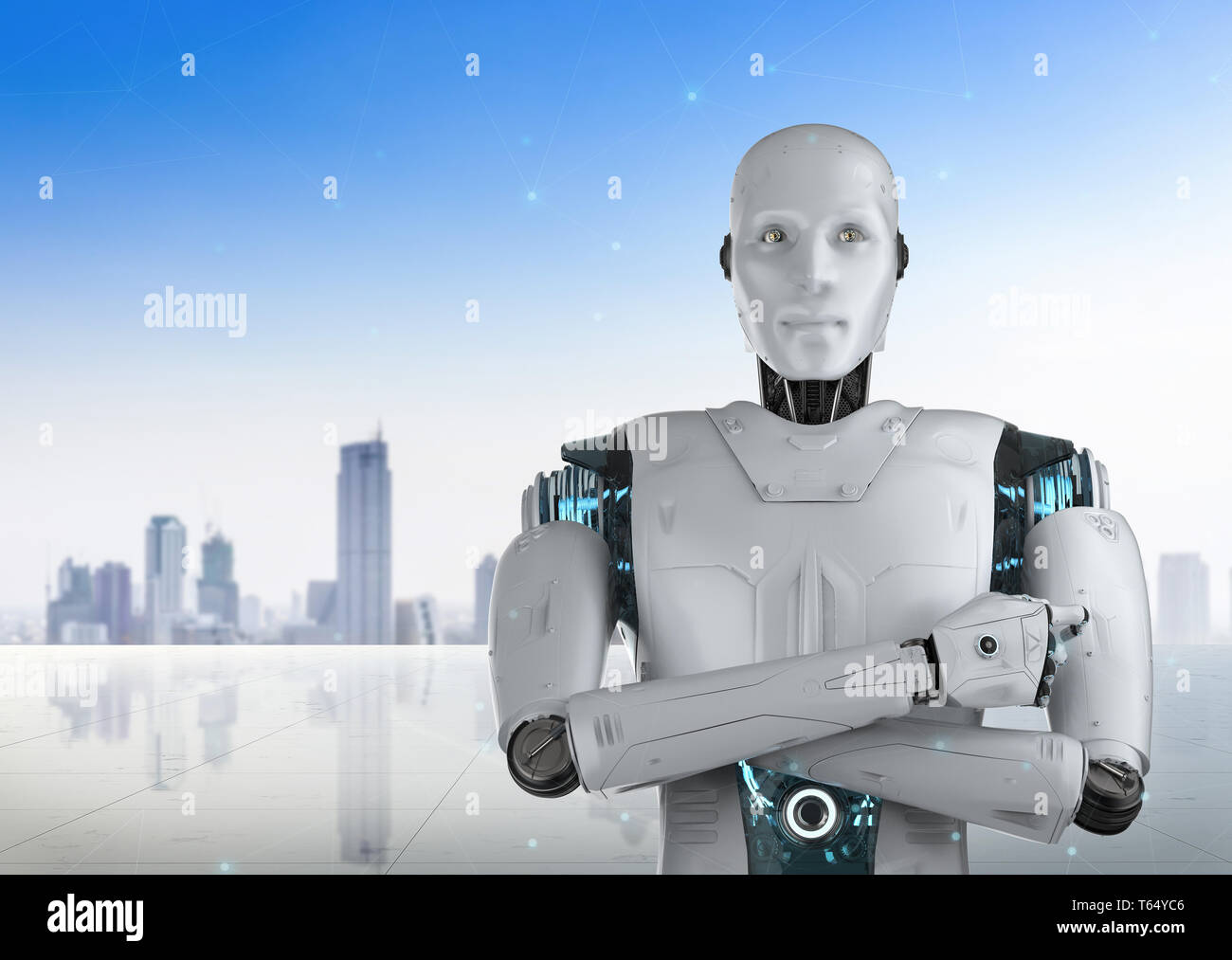 3D rendering robot umanoide braccio incrociato con cityscape sfondo Foto Stock