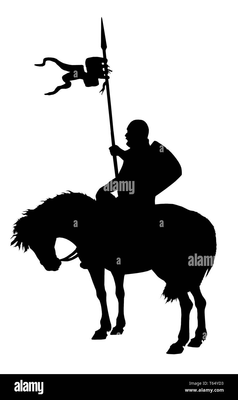 Medievale cavaliere montato illustrazione. Cavaliere Templare a cavallo. Bianco e nero silhouette. Foto Stock