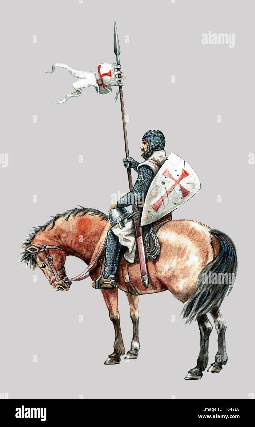 Medievale cavaliere montato illustrazione. Cavaliere Templare a cavallo. Disegno in acrilico. Foto Stock
