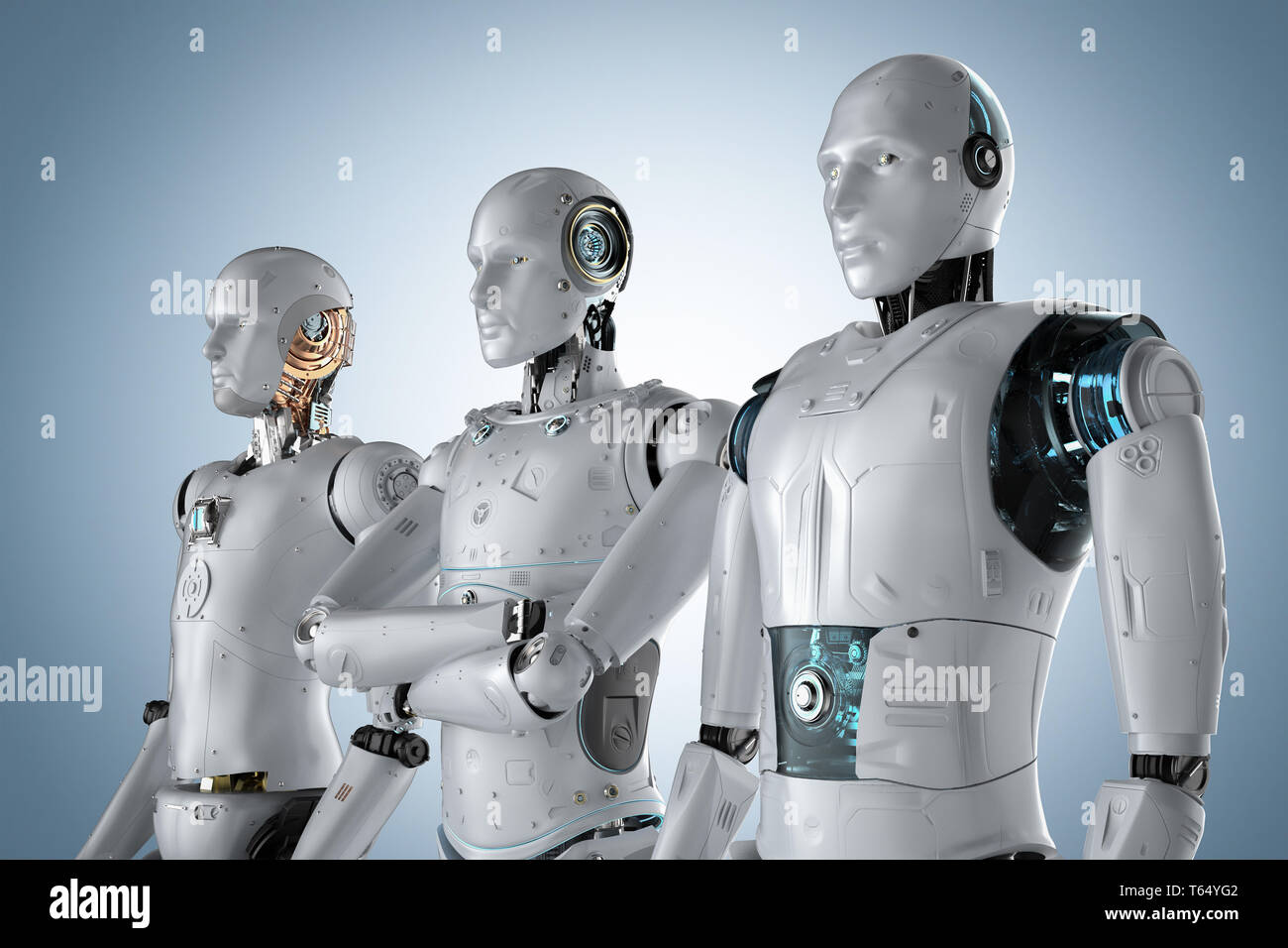 3D rendering gruppo di intelligenza artificiale robot per il lavoro di squadra Foto Stock