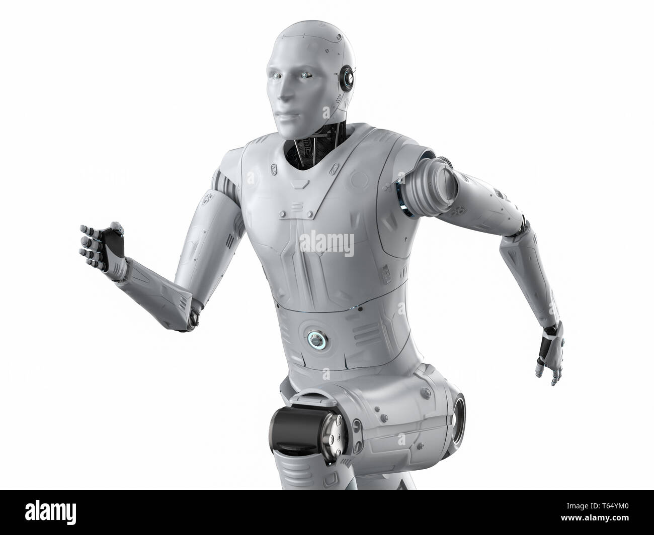 3D rendering robot umanoide in esecuzione o di saltare su sfondo bianco Foto Stock