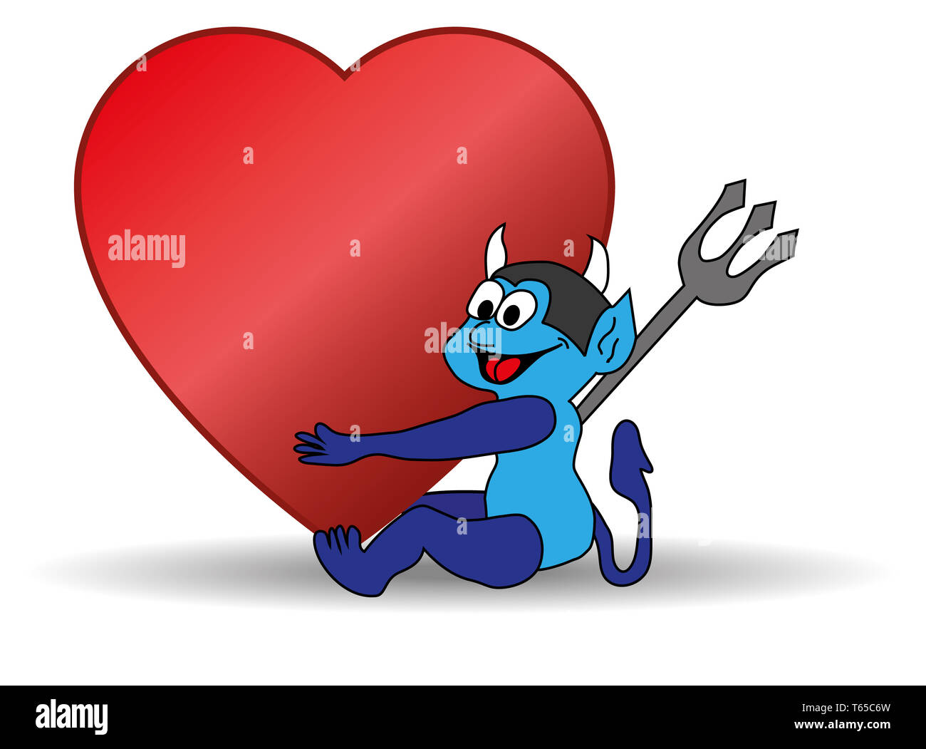 Blue devil tenendo un grande cuore di San Valentino Foto Stock