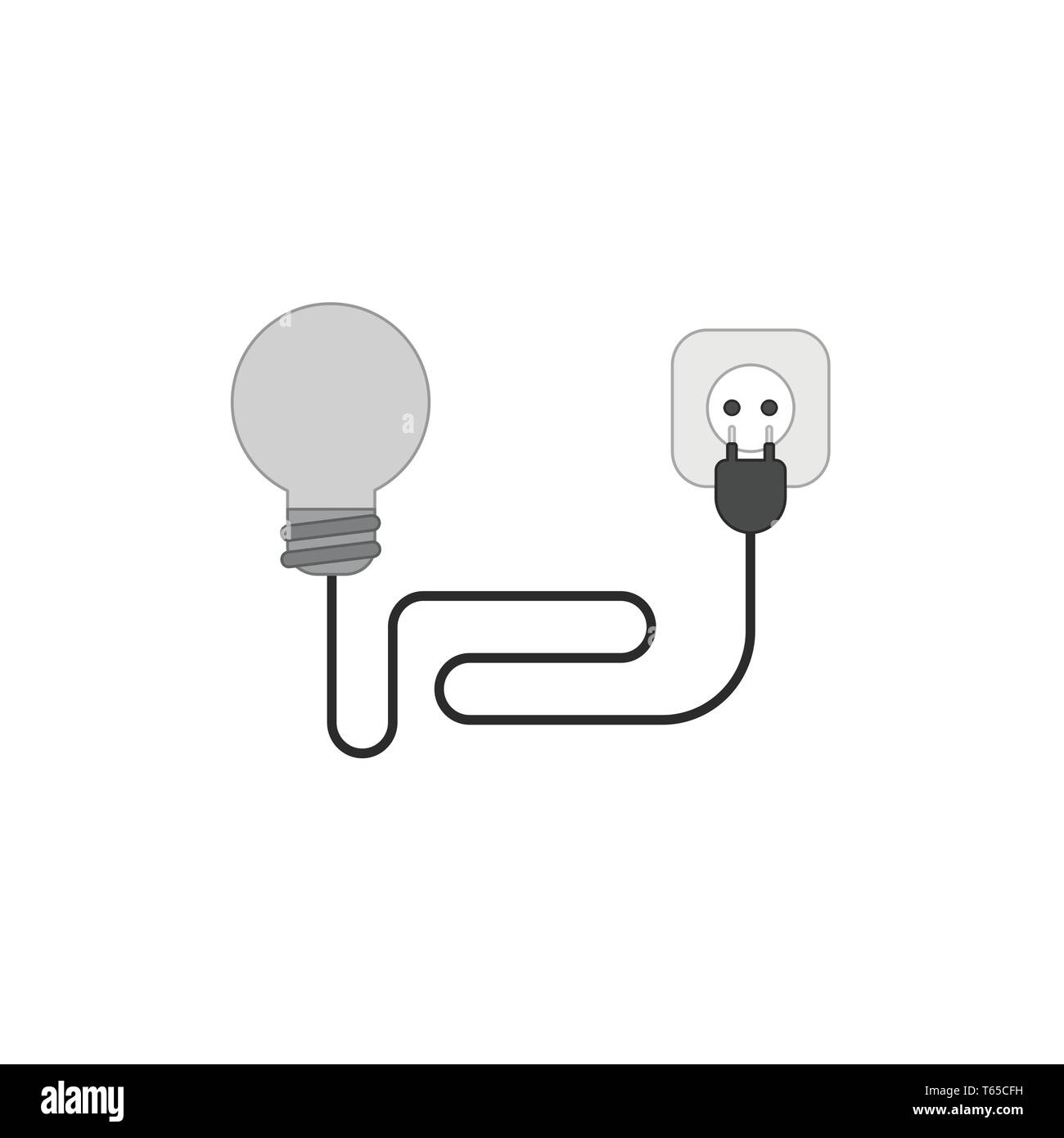 Design piatto stile illustrazione vettoriale nozione di lampadina con il filo elettrico di spina e presa su sfondo bianco. Contorni colorati. Illustrazione Vettoriale